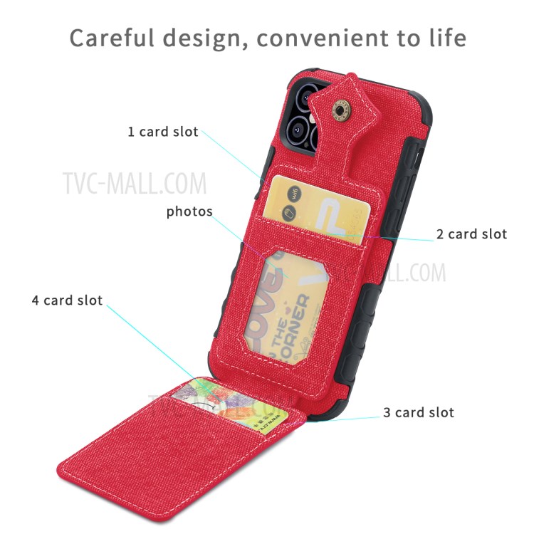 SHOUHUSHEN Maple Buckle Card Slots PU Leather Coated PC Phone Casing for iPhone 12 Pro/12 - Red-3