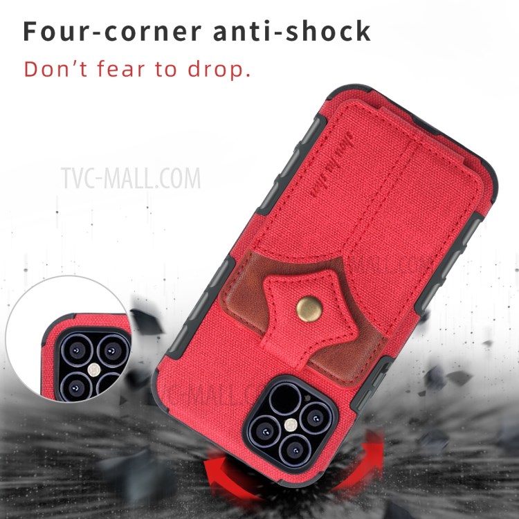 SHOUHUSHEN Maple Buckle Card Slots PU Leather Coated PC Phone Casing for iPhone 12 Pro/12 - Red-4