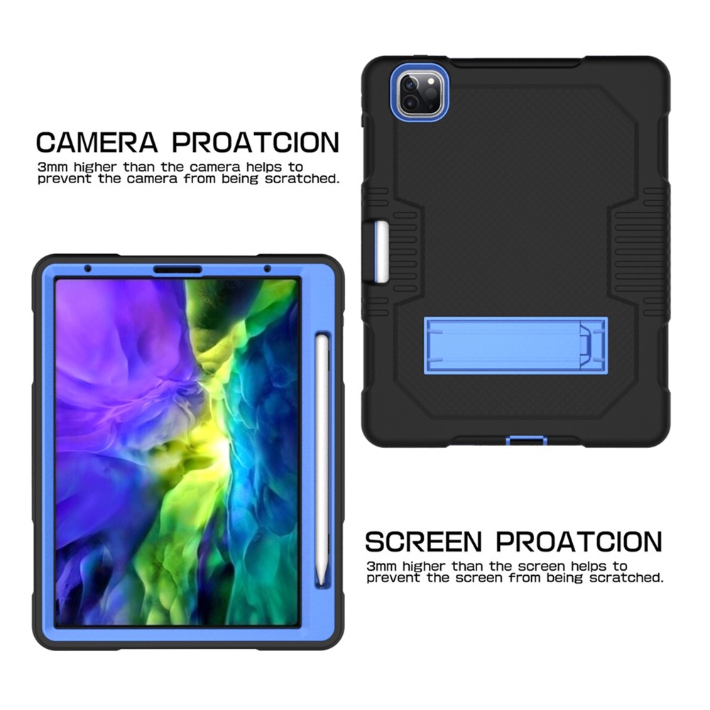Grid Texture Shock Proof TPU + PC + Silicone Combo Case with Kickstand for iPad Pro 12.9-inch (2020) - Black / Blue-6