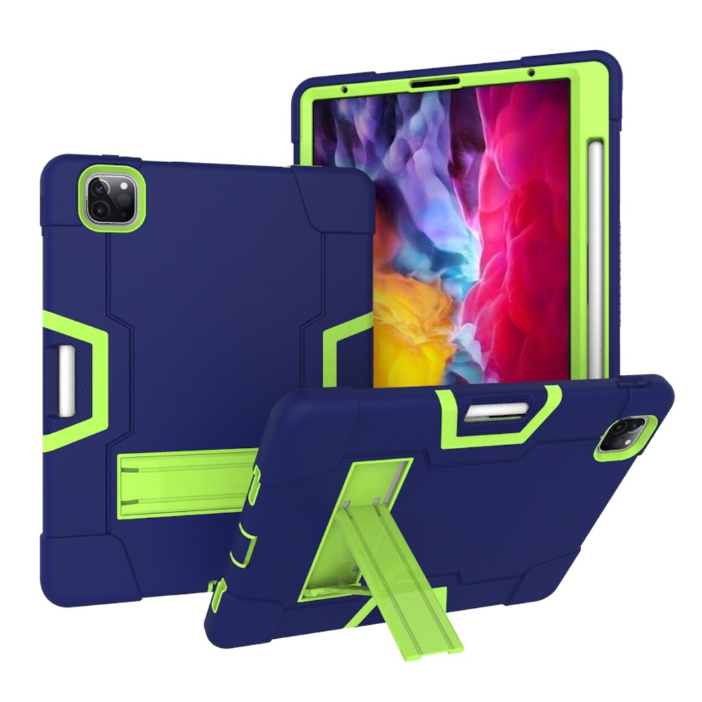 Color Splicing Shock Proof TPU + PC + Silicone Hybrid Case with Kickstand for iPad Pro 12.9 (2022) (2021) (2020) - Dark Blue / Yellowgreen