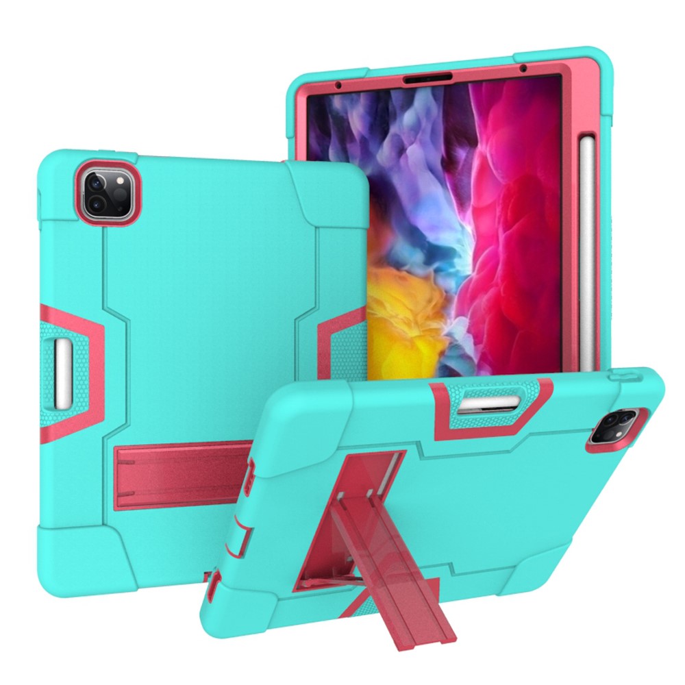 Color Splicing Shock Proof TPU + PC + Silicone Hybrid Case with Kickstand for iPad Pro 12.9 (2022) (2021) (2020) - Cyan / Red