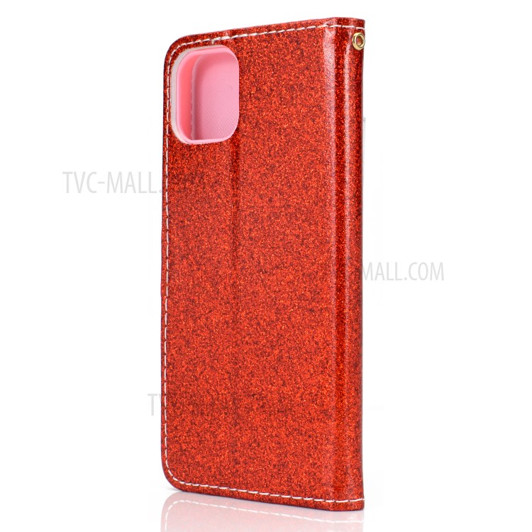 Flash Powder Leather Stand Case with Card Slots for iPhone 12 Pro/12 - Red-4