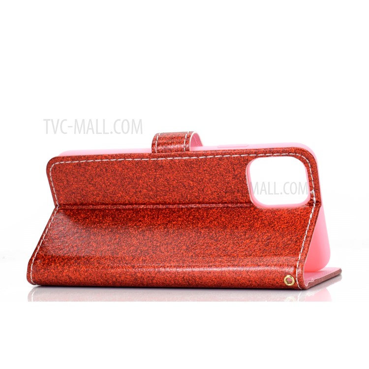 Flash Powder Leather Stand Case with Card Slots for iPhone 12 Pro/12 - Red-5