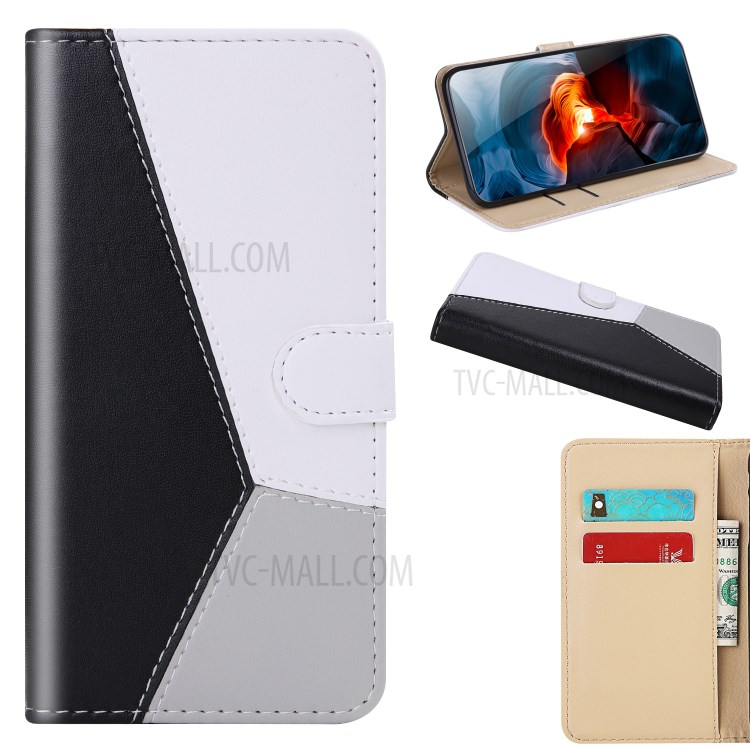 Three-color Splicing Leather Wallet Cover Shell for iPhone 12 5.4 inch - Black/White/Grey-1