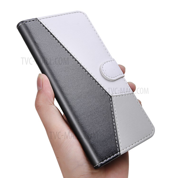 Three-color Splicing Leather Wallet Cover Shell for iPhone 12 5.4 inch - Black/White/Grey-4