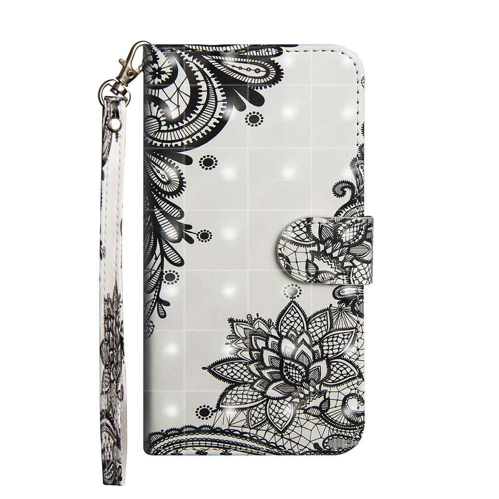 Light Spot Decor Pattern Printing Wallet Stand Leather Shell with Strap for iPhone 12 Pro/12 Max 6.1 inch - Lace Flower-2