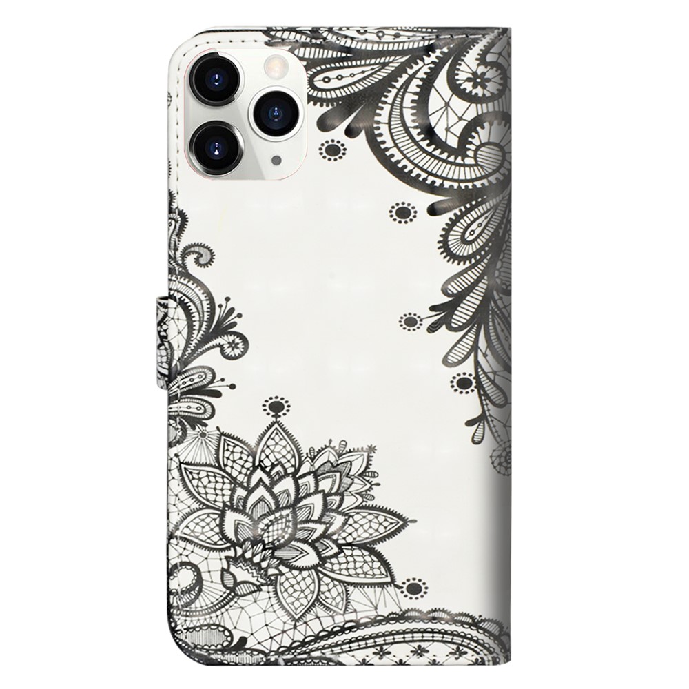 Light Spot Decor Pattern Printing Wallet Stand Leather Shell with Strap for iPhone 12 Pro/12 Max 6.1 inch - Lace Flower-3