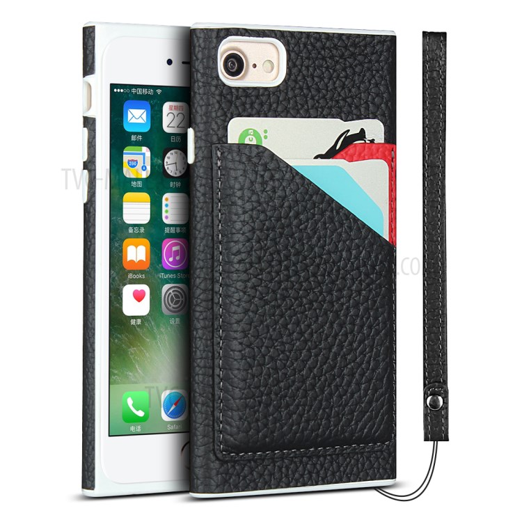 Litchi Texture Genuine Leather Coated White TPU Shell with Card Slots for iPhone 7/8/SE (2nd Generation) - Black-1