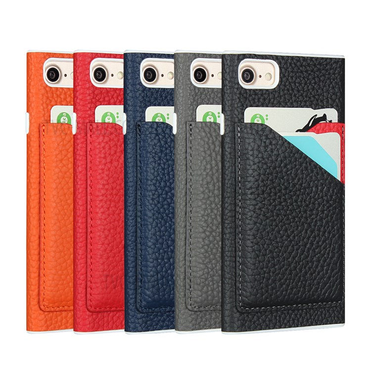 Litchi Texture Genuine Leather Coated White TPU Shell with Card Slots for iPhone 7/8/SE (2nd Generation) - Black-7