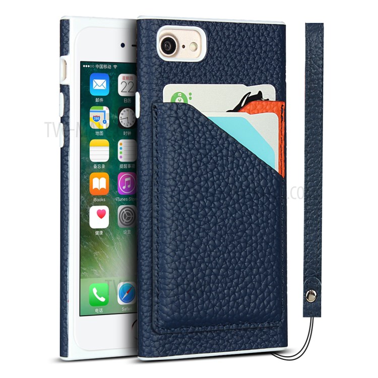 Litchi Texture Genuine Leather Coated White TPU Shell with Card Slots for iPhone 7/8/SE (2nd Generation) - Blue-1