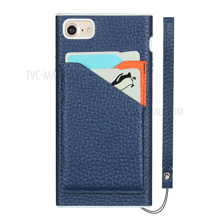 Litchi Texture Genuine Leather Coated White TPU Shell with Card Slots for iPhone 7/8/SE (2nd Generation) - Blue-2