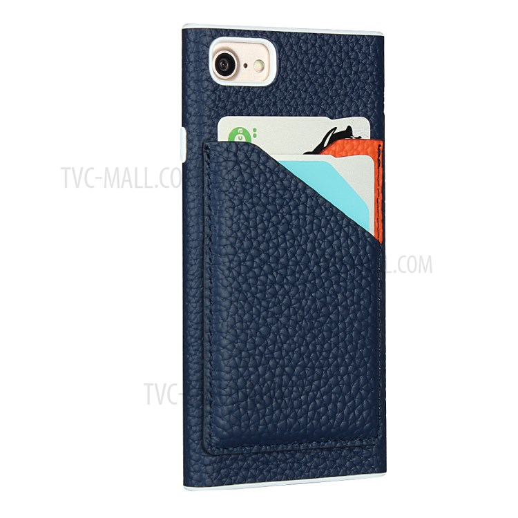 Litchi Texture Genuine Leather Coated White TPU Shell with Card Slots for iPhone 7/8/SE (2nd Generation) - Blue-4