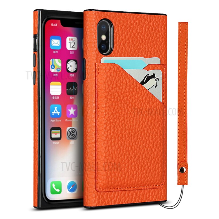 Litchi Texture Genuine Leather Coated Black TPU Cover with Card Slots for iPhone X/XS 5.8 inch - Orange-1