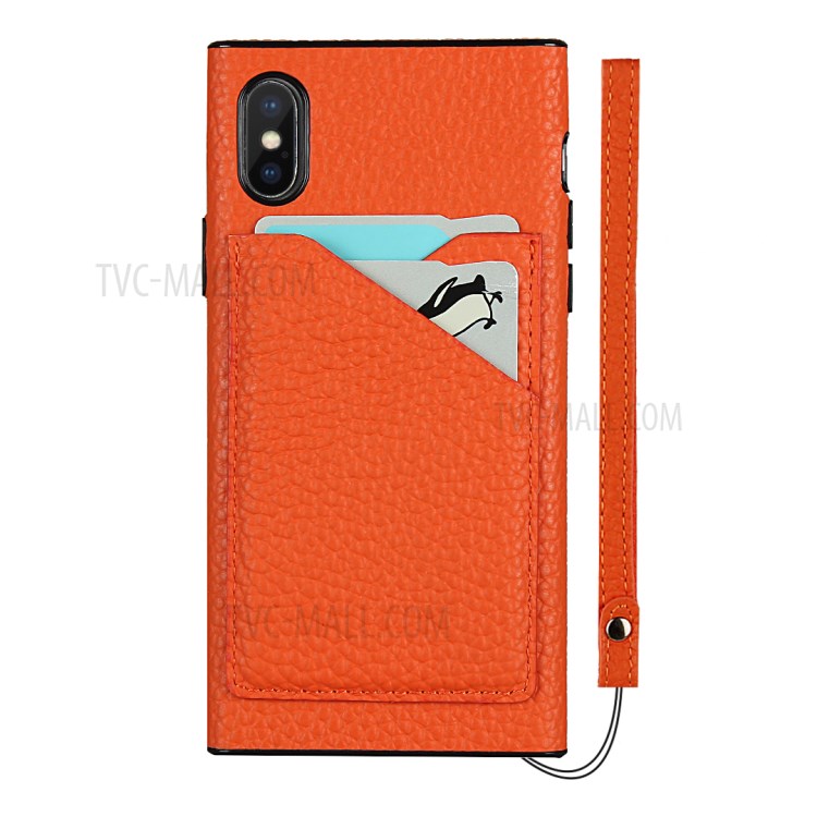 Litchi Texture Genuine Leather Coated Black TPU Cover with Card Slots for iPhone X/XS 5.8 inch - Orange-2