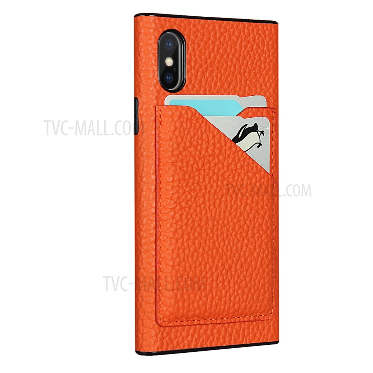 Litchi Texture Genuine Leather Coated Black TPU Cover with Card Slots for iPhone X/XS 5.8 inch - Orange-3