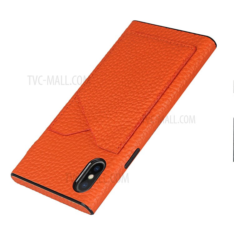 Litchi Texture Genuine Leather Coated Black TPU Cover with Card Slots for iPhone X/XS 5.8 inch - Orange-5