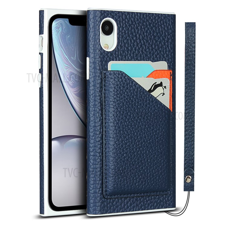 Litchi Texture Card Slots Genuine Leather Coated White TPU Cover for iPhone XR 6.1 inch - Blue-1