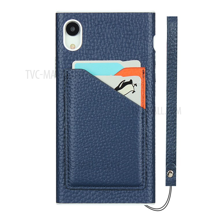 Litchi Texture Card Slots Genuine Leather Coated White TPU Cover for iPhone XR 6.1 inch - Blue-2