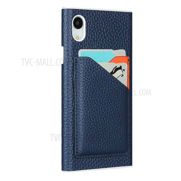 Litchi Texture Card Slots Genuine Leather Coated White TPU Cover for iPhone XR 6.1 inch - Blue-3
