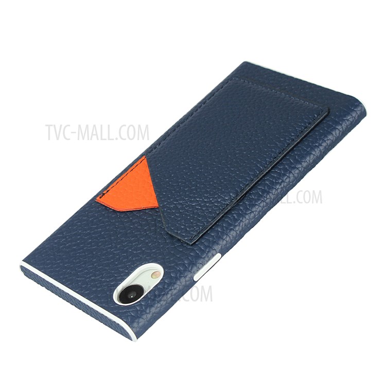 Litchi Texture Card Slots Genuine Leather Coated White TPU Cover for iPhone XR 6.1 inch - Blue-4