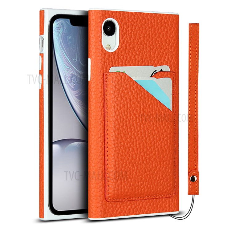 Litchi Texture Card Slots Genuine Leather Coated White TPU Cover for iPhone XR 6.1 inch - Orange-1