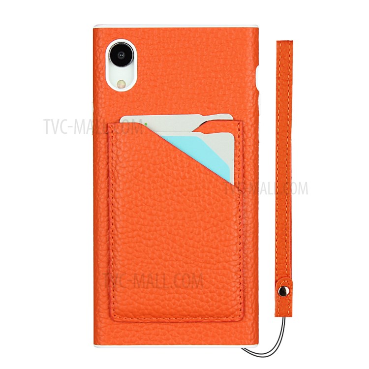 Litchi Texture Card Slots Genuine Leather Coated White TPU Cover for iPhone XR 6.1 inch - Orange-3
