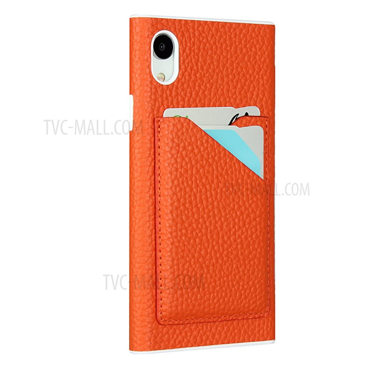 Litchi Texture Card Slots Genuine Leather Coated White TPU Cover for iPhone XR 6.1 inch - Orange-4