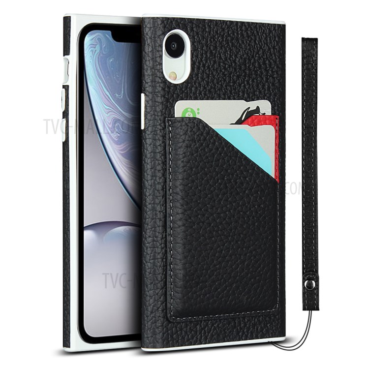 Litchi Texture Card Slots Genuine Leather Coated White TPU Cover for iPhone XR 6.1 inch - Black-1
