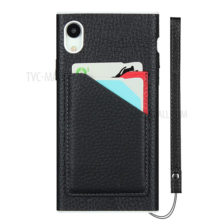 Litchi Texture Card Slots Genuine Leather Coated White TPU Cover for iPhone XR 6.1 inch - Black-3