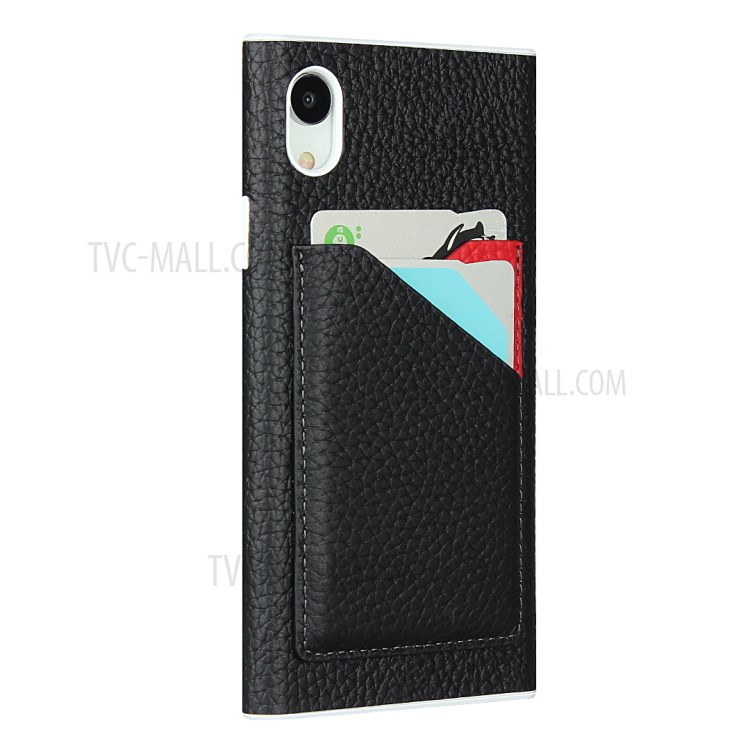Litchi Texture Card Slots Genuine Leather Coated White TPU Cover for iPhone XR 6.1 inch - Black-4