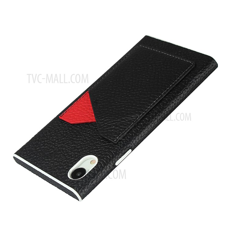 Litchi Texture Card Slots Genuine Leather Coated White TPU Cover for iPhone XR 6.1 inch - Black-5
