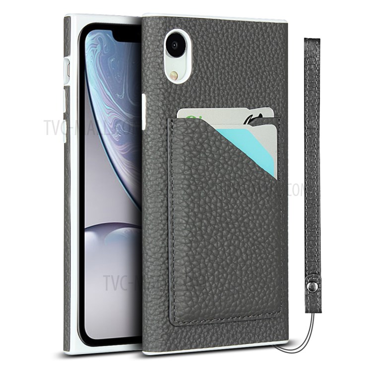 Litchi Texture Card Slots Genuine Leather Coated White TPU Cover for iPhone XR 6.1 inch - Grey-1