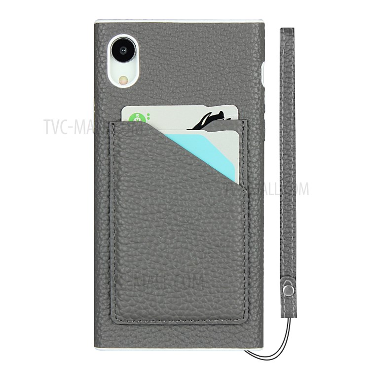 Litchi Texture Card Slots Genuine Leather Coated White TPU Cover for iPhone XR 6.1 inch - Grey-3