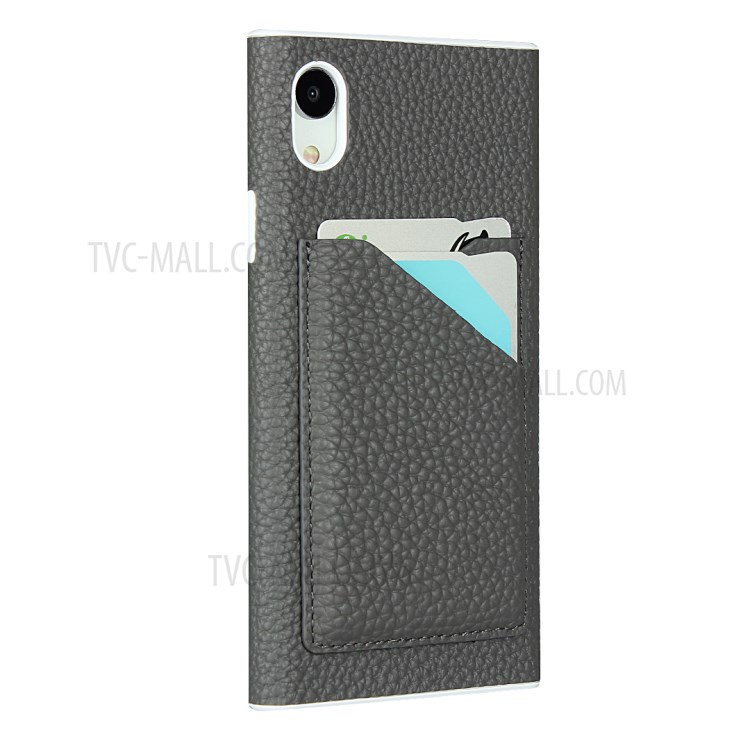 Litchi Texture Card Slots Genuine Leather Coated White TPU Cover for iPhone XR 6.1 inch - Grey-4