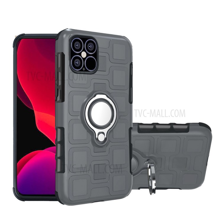 Geometric Pattern TPU PC Hybrid Case with Magnetic Car Mount Ring Holder for iPhone 12 mini - Grey-1
