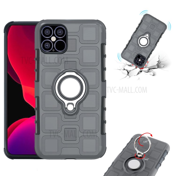 Geometric Pattern TPU PC Hybrid Case with Magnetic Car Mount Ring Holder for iPhone 12 mini - Grey-3