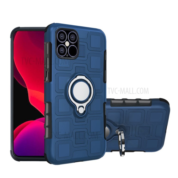Geometric Pattern TPU PC Hybrid Case with Magnetic Car Mount Ring Holder for iPhone 12 mini - Dark Blue-1