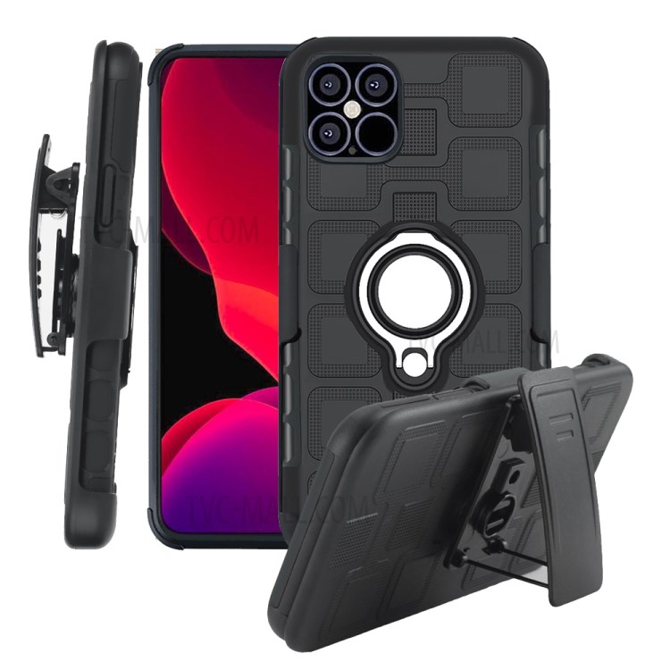 Geometric Pattern TPU PC Combo Case with Magnetic Car Mount Ring Holder and Belt Clip for iPhone 12 5.4 inch - Black-1