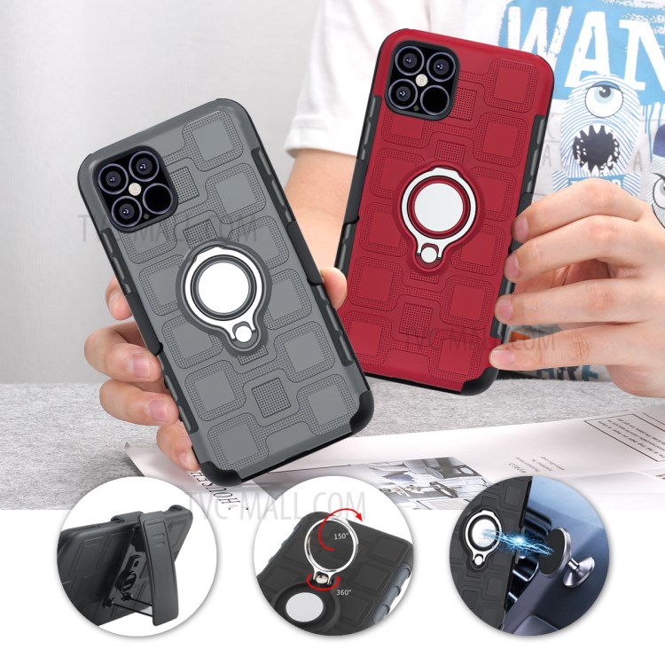 Geometric Pattern TPU PC Combo Case with Magnetic Car Mount Ring Holder and Belt Clip for iPhone 12 5.4 inch - Black-5