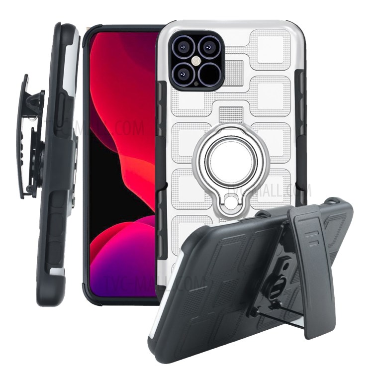 Geometric Pattern TPU PC Combo Case with Magnetic Car Mount Ring Holder and Belt Clip for iPhone 12 mini - Silver-1