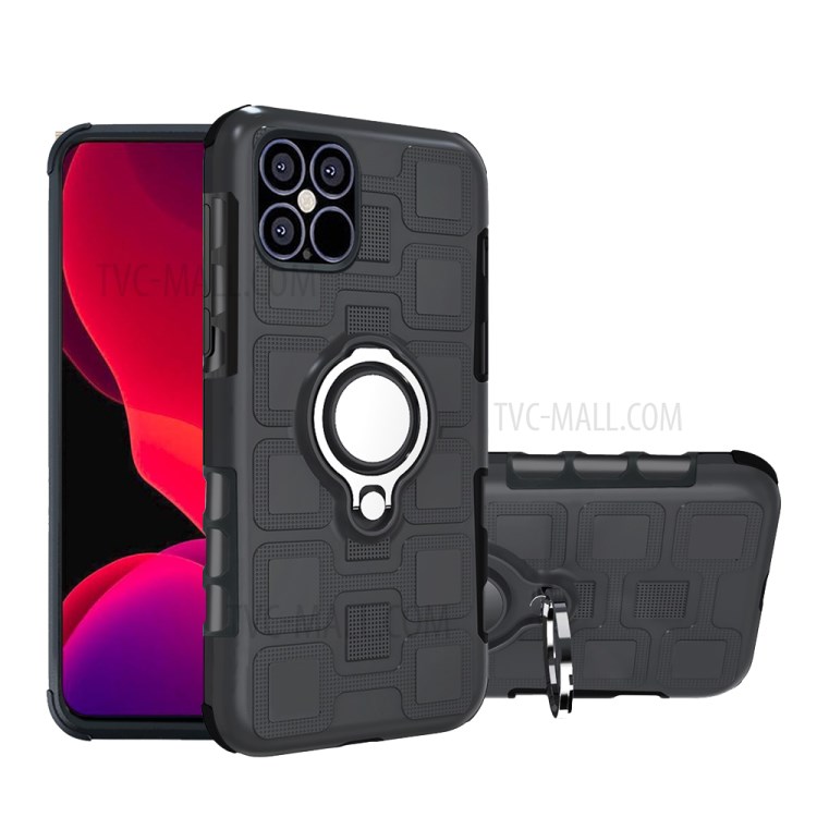 Geometric Pattern TPU PC Combo Case with Magnetic Car Mount Ring Holder for iPhone 12 Max/Pro 6.1 inch - Black-1