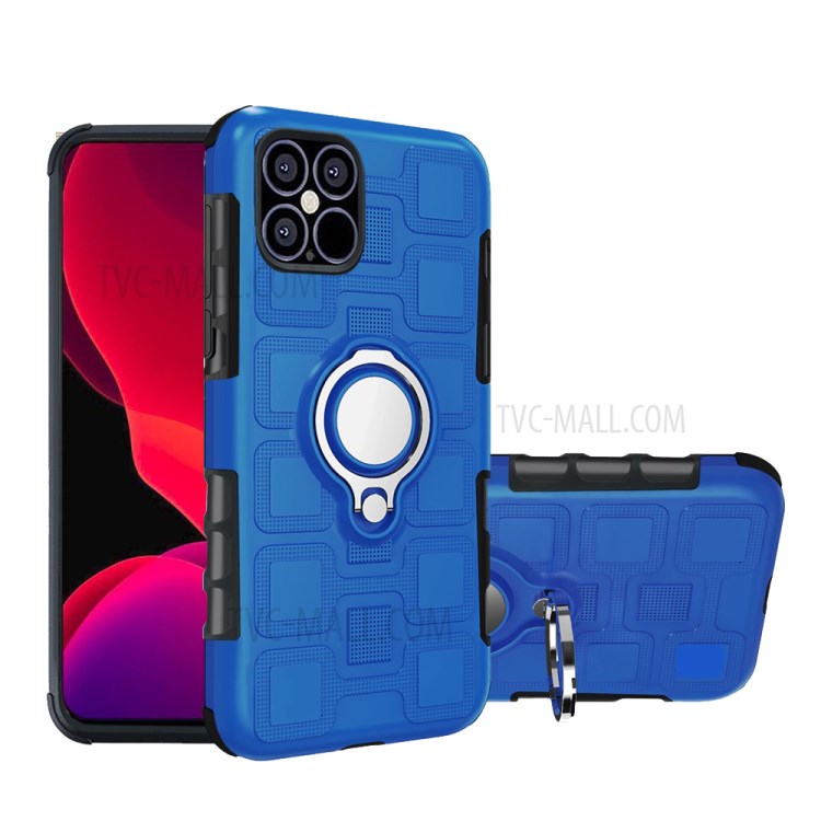 Geometric Pattern TPU PC Combo Case with Magnetic Car Mount Ring Holder for iPhone 12 Pro/12 - Baby Blue-1