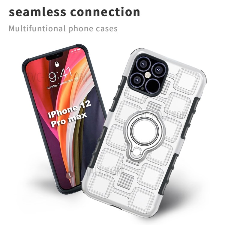 Geometric Pattern TPU PC Hybrid Cover with Magnetic Car Mount Ring Holder for iPhone 12 Pro Max 6.7 inch - Silver-4