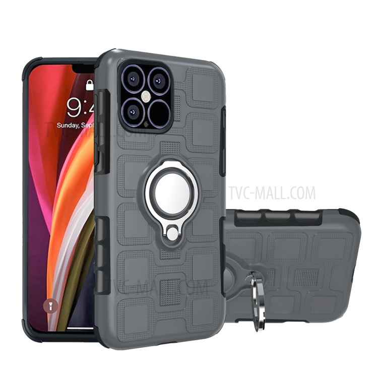 Geometric Pattern TPU PC Hybrid Cover with Magnetic Car Mount Ring Holder for iPhone 12 Pro Max 6.7 inch - Grey-1