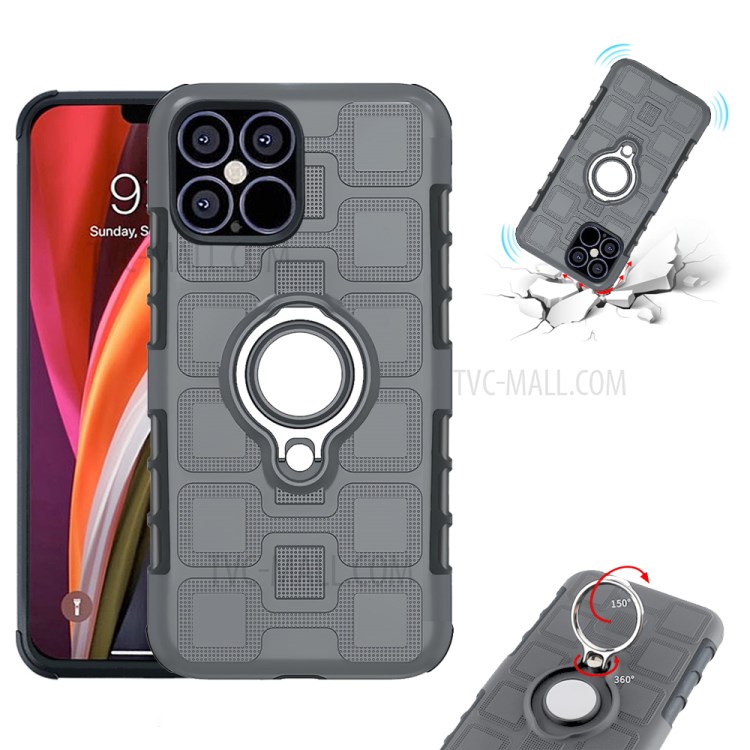 Geometric Pattern TPU PC Hybrid Cover with Magnetic Car Mount Ring Holder for iPhone 12 Pro Max 6.7 inch - Grey-3