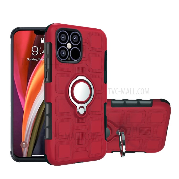 Patrón Geométrico Cubierta Híbrido TPU PC Con El Coche Magnético Montaje Soporte Del Anillo Para El Iphone 12 Pro Max 6,7 Pulgadas - Rojo-1