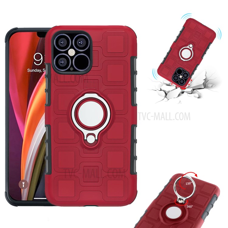 Patrón Geométrico Cubierta Híbrido TPU PC Con El Coche Magnético Montaje Soporte Del Anillo Para El Iphone 12 Pro Max 6,7 Pulgadas - Rojo-3