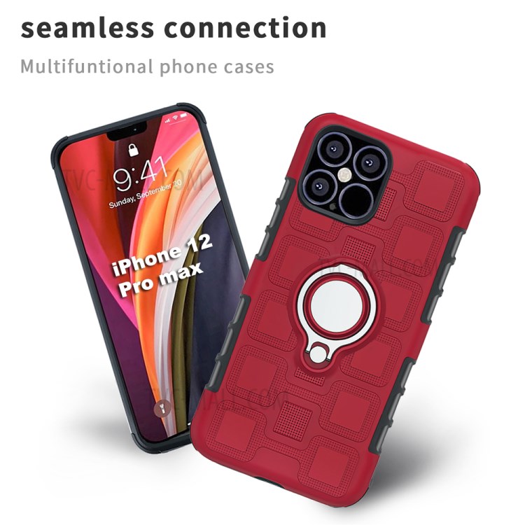 Patrón Geométrico Cubierta Híbrido TPU PC Con El Coche Magnético Montaje Soporte Del Anillo Para El Iphone 12 Pro Max 6,7 Pulgadas - Rojo-4