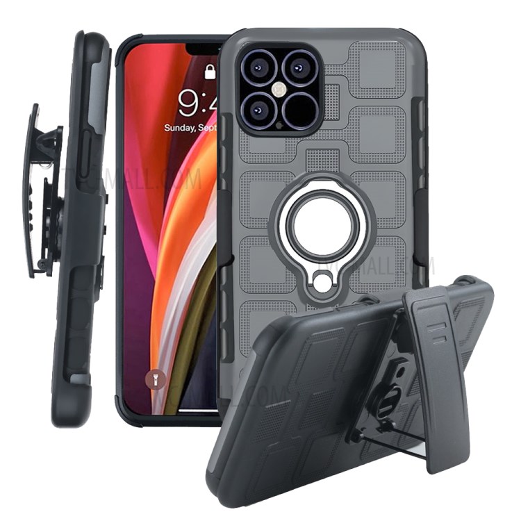 Geometric Pattern TPU PC Hybrid Shell with Magnetic Car Mount Ring Holder and Belt Clip for iPhone 12 Pro Max 6.7 inch - Grey-1