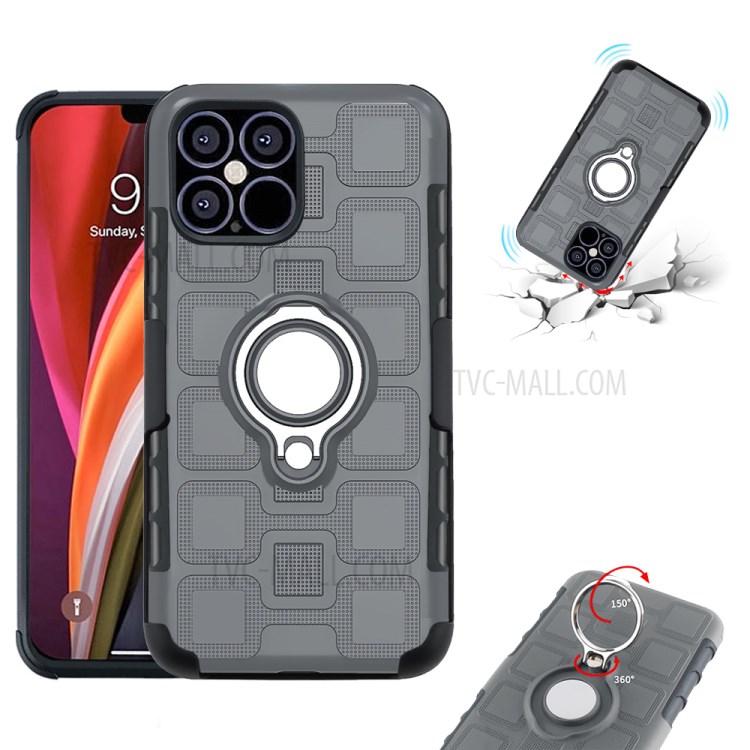 Geometric Pattern TPU PC Hybrid Shell with Magnetic Car Mount Ring Holder and Belt Clip for iPhone 12 Pro Max 6.7 inch - Grey-3